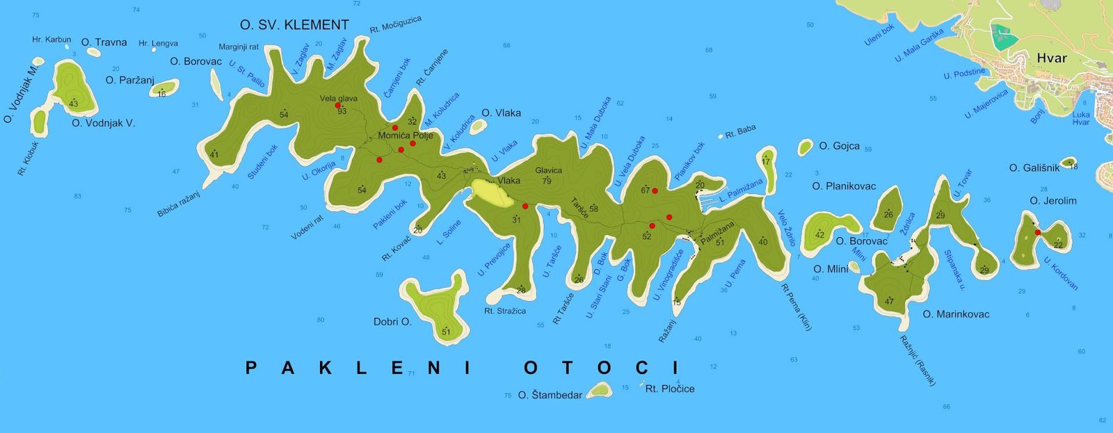 Map of the Pakleni Islands near Hvar Croatia showing sea kayaking area